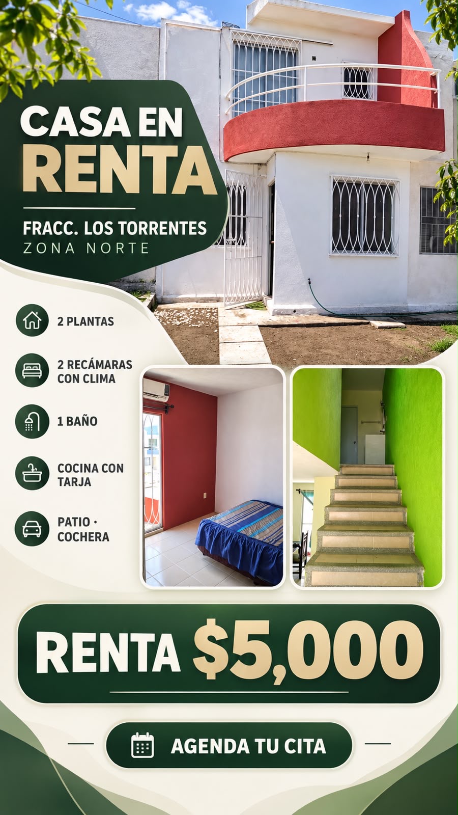 Bonita casa en renta  Fracc los torrentes zona norte  Dos plantas  Dos recámaras con clima  Un baño  Cocina (solo tarja )  Patio  Cochera  Renta $5,00